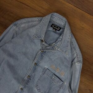 Vintage Three Rivers Mens M Denim Button Down Shirt Light Wash Embroidered Y2K